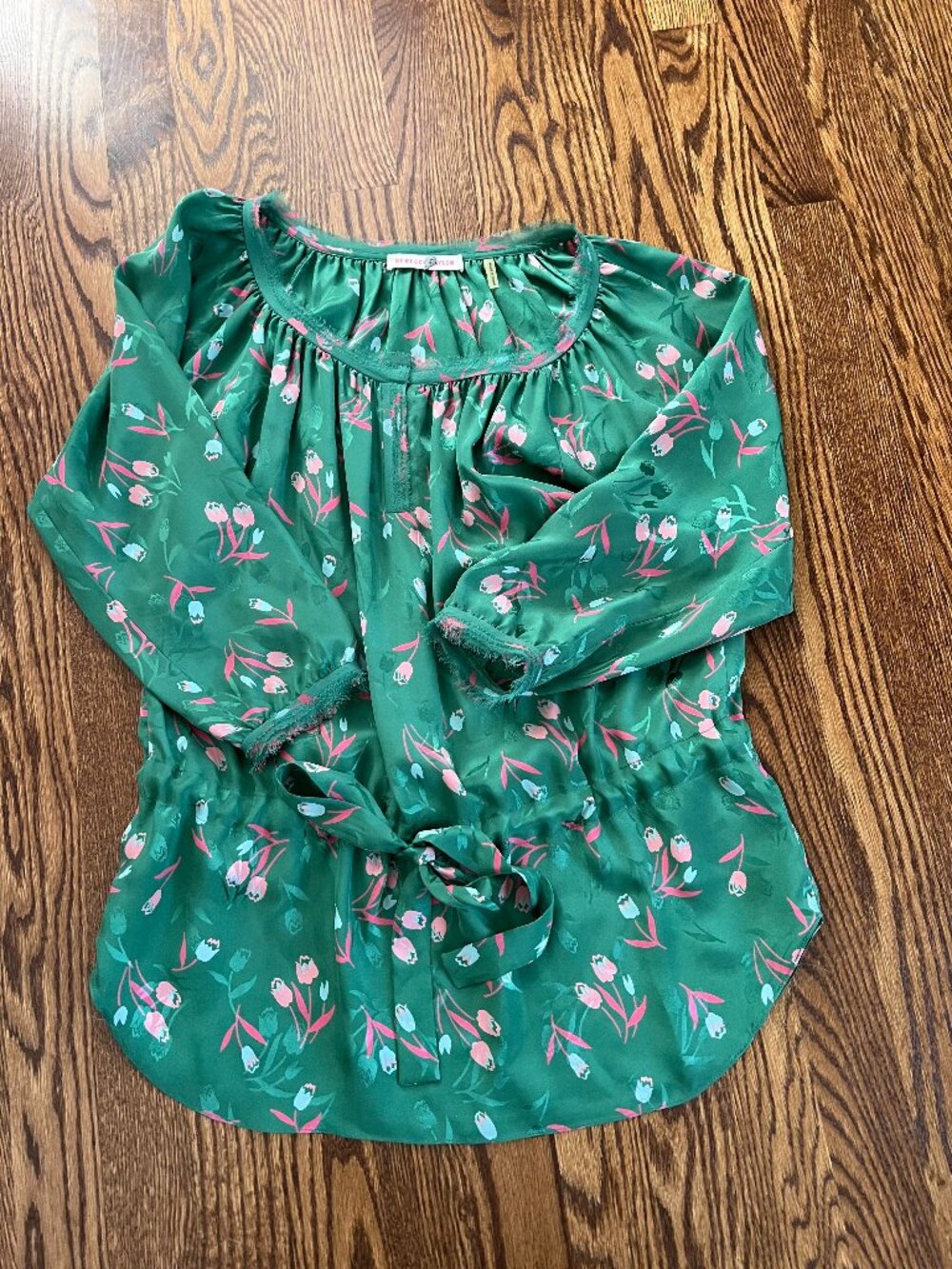 Rebecca Taylor Silk Green Pink Floral Tunic Blouse Top 2